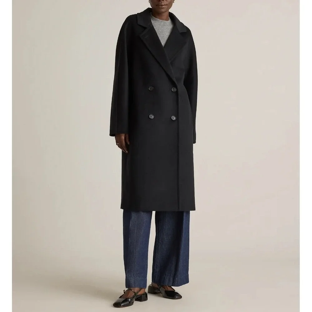 NWOT Quince Womens XS Black Italian Wool Double-Breasted Slouch Coat Neutral